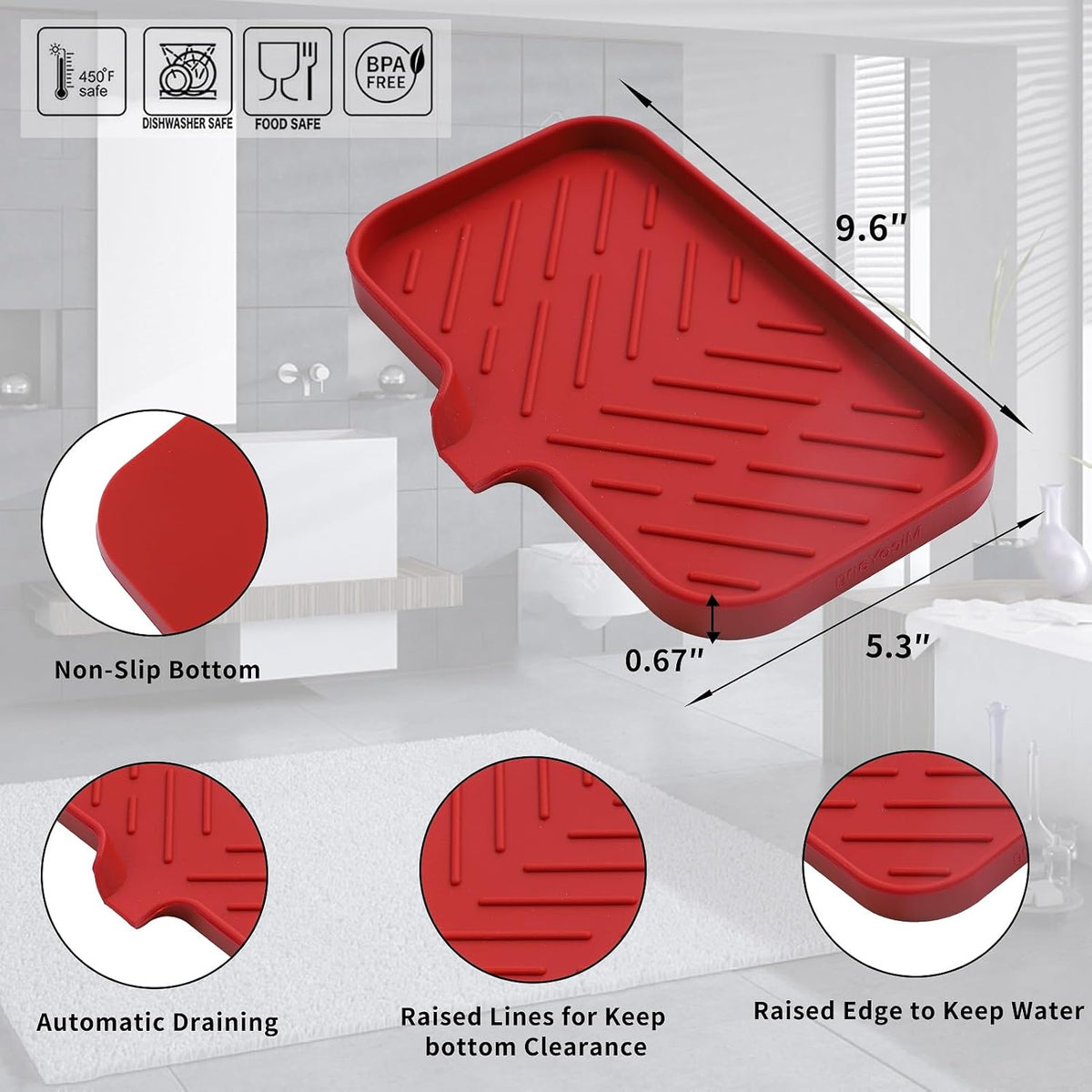 Silicone Bathroom Soap Dishes with Drain Spout-Bathroom and Kitchen Sink Organizer,Sponge Holder,Dish Soap Tray,Perfect for Dispenser,Scrubber,Bottle,Cup on Sink or Counter-Red 9.6"×5.3"