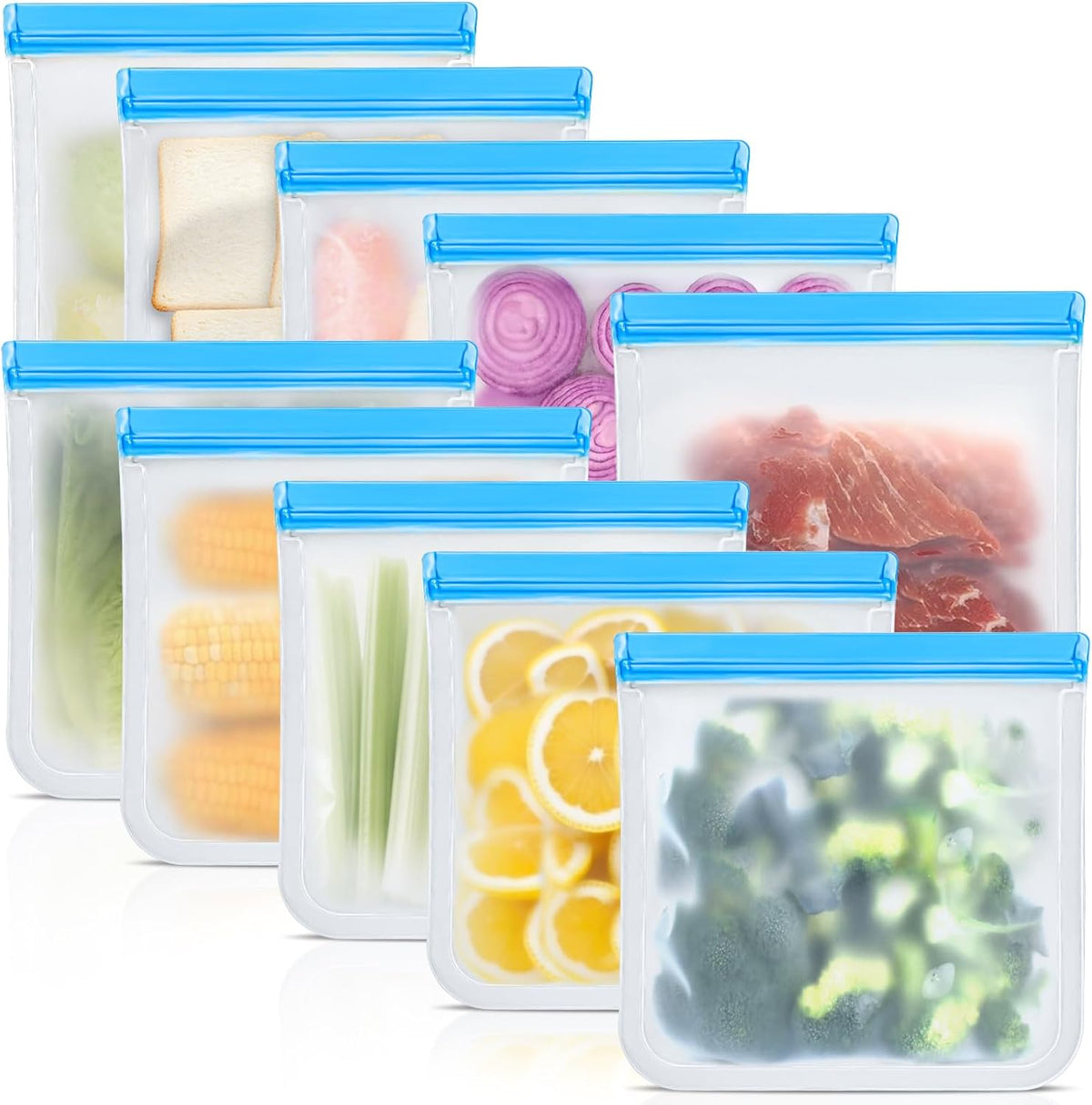 10 Pack Reusable Storage Bags, Dishwasher Safe Reusable Silicone Leak proof Freezer Bag for Food Storage Containers, Lunch, Sandwich, Marinate Meat, Salad Fruit 11'' x 10.6''