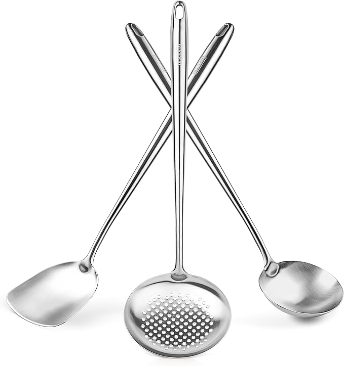 Yosukata 17" Wok Spatula and Ladle Skimmer Spoon - Stainless Steel Cooking Utensils Set of 3-304 Stainless Steel Kitchen Utensils Set - Dishwasher Safe Wok Accessories - Wok Utensils - Cooking Tools