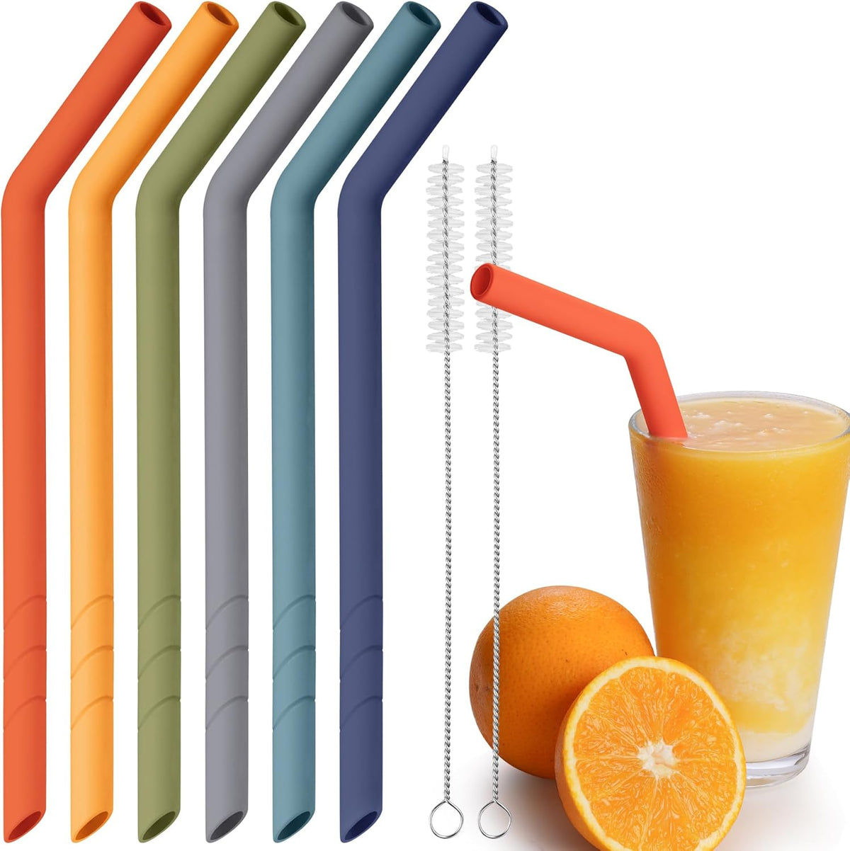 NiHome 6PCS Extra Wide Reusable Bent Silicone Straws for Boba, Smoothies, Bubble Tea, Eco-Friendly Bent Straws for Thick Drinks, Child-Safe, Customizable Length, 2 Brushes Easy Cleaning (Deep Rainbow)