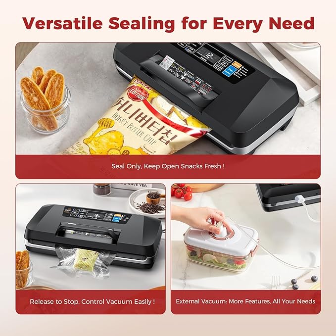 95kpa Vacuum Sealer, Commercial Fully Automatic Food Sealer, Powerful Sealing System, Double Heat Seal, Built-in Cutter and Bag Storage, 1 Roll Bag and 10 Precut Bags