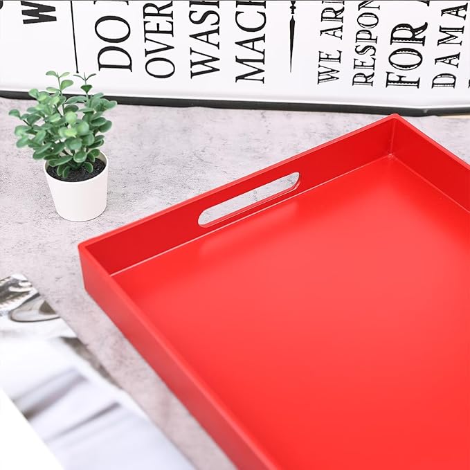 Red Serving Tray for Coffee Table, Rectangular Plastic Decorative Tray with Handles for Entertaining, Outdoor Patio, Living Room, Ottoman, Bathroom Counter, 11.8”*15.7”*1.6”