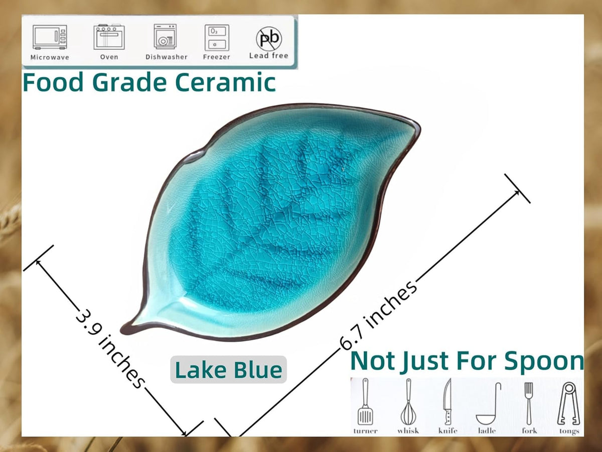 Ceramic Spoon Rest for Stove Top, Ice Cracks Leaf Cute Spoon Rest for Kitchen Counter, Cooking Spoon Holder for Kitchen Counter, Utensil Rest Spatula Rest Ladle Holder Tong Rest, 1 PC (A, Lake Blue)