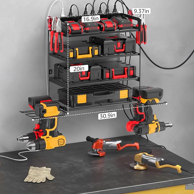 CCCEI Garage Tools Storage with Charging Station. Power Tool Battery Organizer Utility Shelf with Power Strip. 4 Drills Holder Wall Mount Rack, Black 4 Layer.