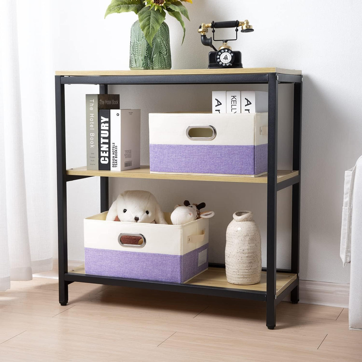PRANDOM Large Fodable Storage Bins for Closet [3-Pack] Decorative Fabric Storage Baskets Cubes with Leather/Metal Handles for Shelves Bedroom Living Room Purple&Cream (14.9x9.8x8.3 Inch)