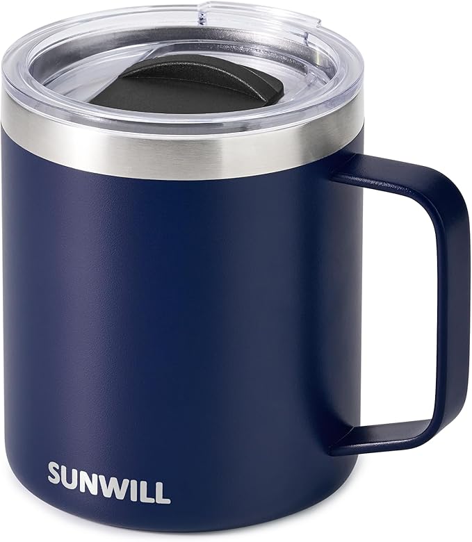 SUNWILL Insulated Coffee Mug with Lid, Travel Tumbler with Handle, 14oz Stainless Steel Cup for Camping, Office, Home, Powder Coated Navy Blue