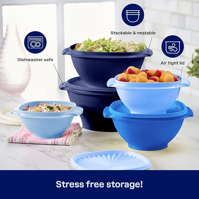 Tupperware Heritage Collection, New 10 Piece Food Storage Container Set in Vintage Blue, Dishwasher Safe and BPA Free (5 Bowls, 5 Lids)