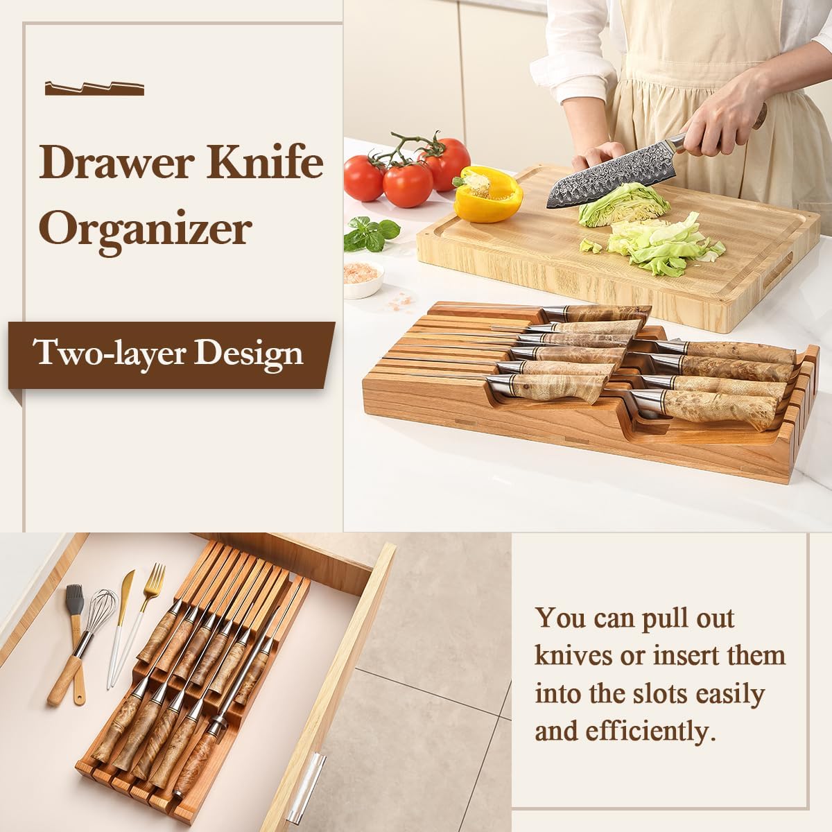 HEZHEN 11-slots Cherry Wood In-drawer Knife Tray,Knife Holder, Knife Block without Knives, Fit for 10 Knives and 1 sharpening rod