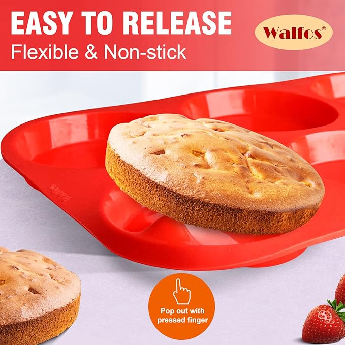 Walfos Silicone Muffin Top Pans for Baking 4inch Jumbo Size, Perfect Results Premium Non-Stick Bakeware Egg Baking Pan, Great for Eggs, Hamburger Bun, Muffin Top and More, Food Grade & BPA Free, 2pcs