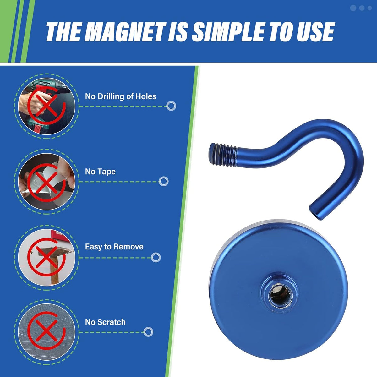 Neosmuk Magnetic Hooks Heavy Duty,Strong Magnet with Hook for Fridge, Super Neodymium Extra Strength Industrial Hooks for Hanging, Magnetic Hanger for Toolbox, Cruise, Grill(Navyblue,10 Pack)