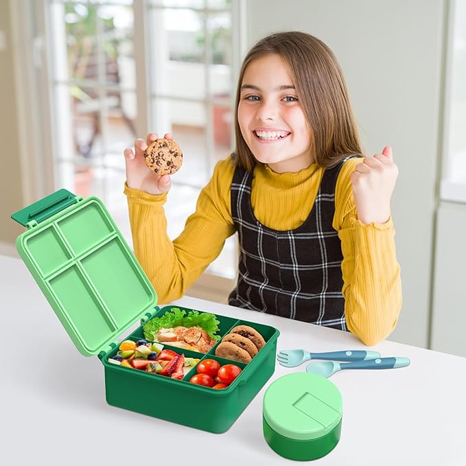 Kids Bento Lunch Box with 8oz Soup Thermo, Kids Leakproof Lunch Food Containers with 4 Compartment,Insulated Hot Food Jar with Lunch Bag for School, Travel (Green)