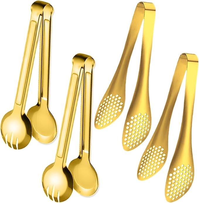 4 PCS Serving Tongs 9 Inch Buffet Tongs Stainless Steel Serving Utensils for Salad Buffet Appetizer Dessert Food Parties, Gold