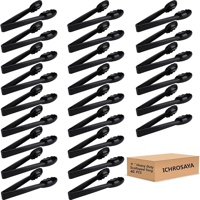 40 Pieces Plastic Salad Tongs, Black Kitchen Serving Tongs, 9 Inch Disposable Utensils Set, Heavy Duty Scalloped, Perfect for Buffets and BBQ, Food Safe Material