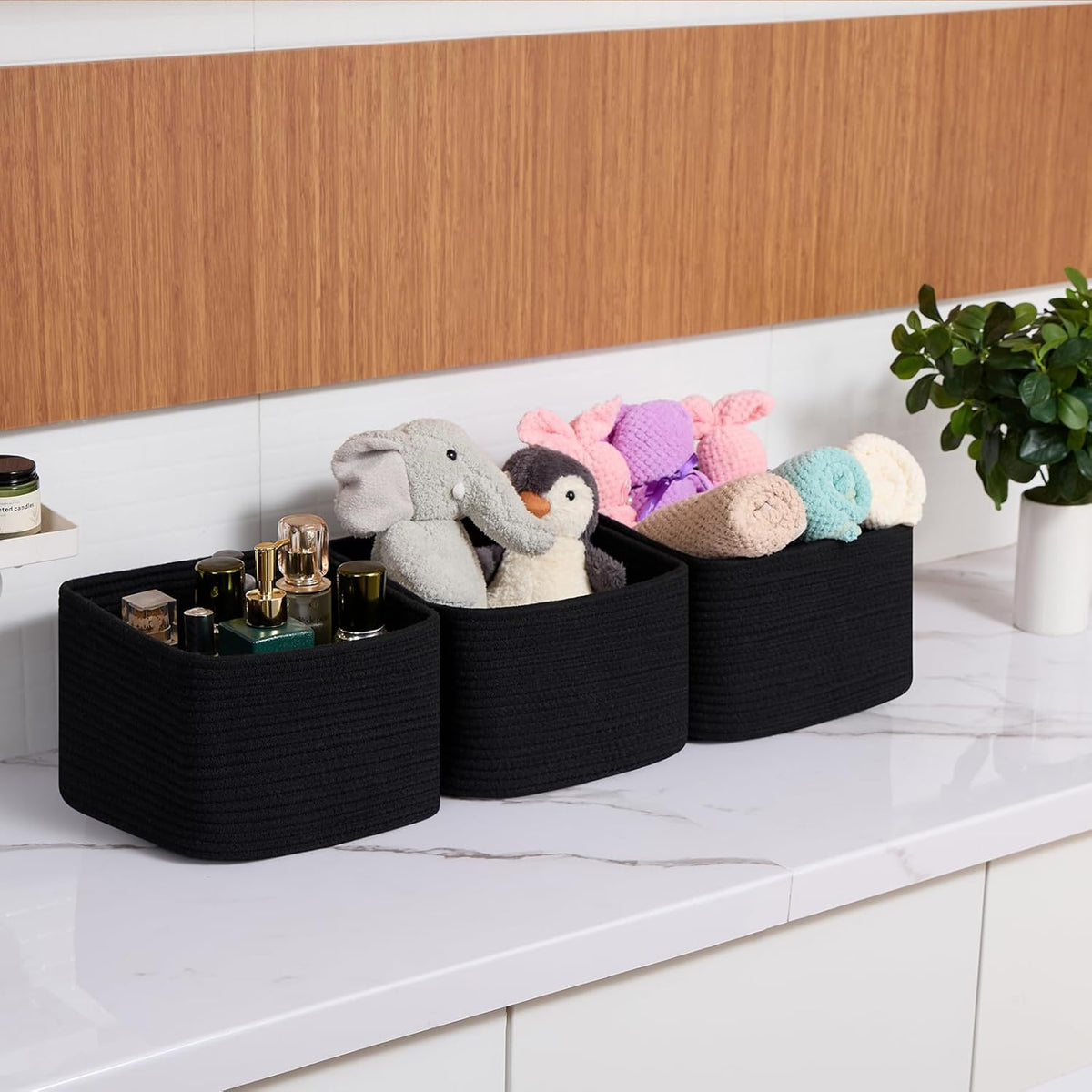 Small Organizing Baskets for Cubes Shelf, 9.7x9.7x7.1 Inch Rope Woven Storage Bins for Nursery Shelves Storage, Cute Toy Basket, Square 3 Packs Black