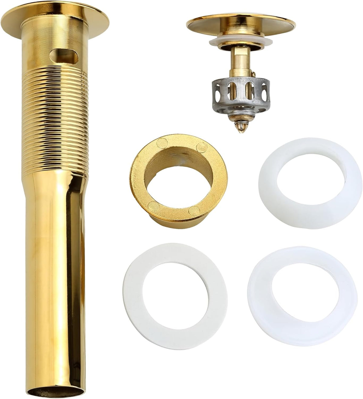Bathroom Sink Drain, 5 Pack Gold Drain Stopper Bathroom Sink with Overflow, Pop Up Drain Assembly with Detachable Strainer Basket, Built-in Anti-Clogging Strainer,Stainless Steel