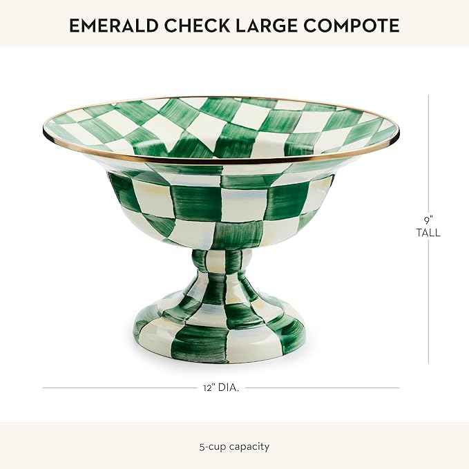 MACKENZIE-CHILDS Enamel Compote, Cute Enamel Pedestal Serving Dish or Decorative Bowl, Large, Green-and-White Emerald Check