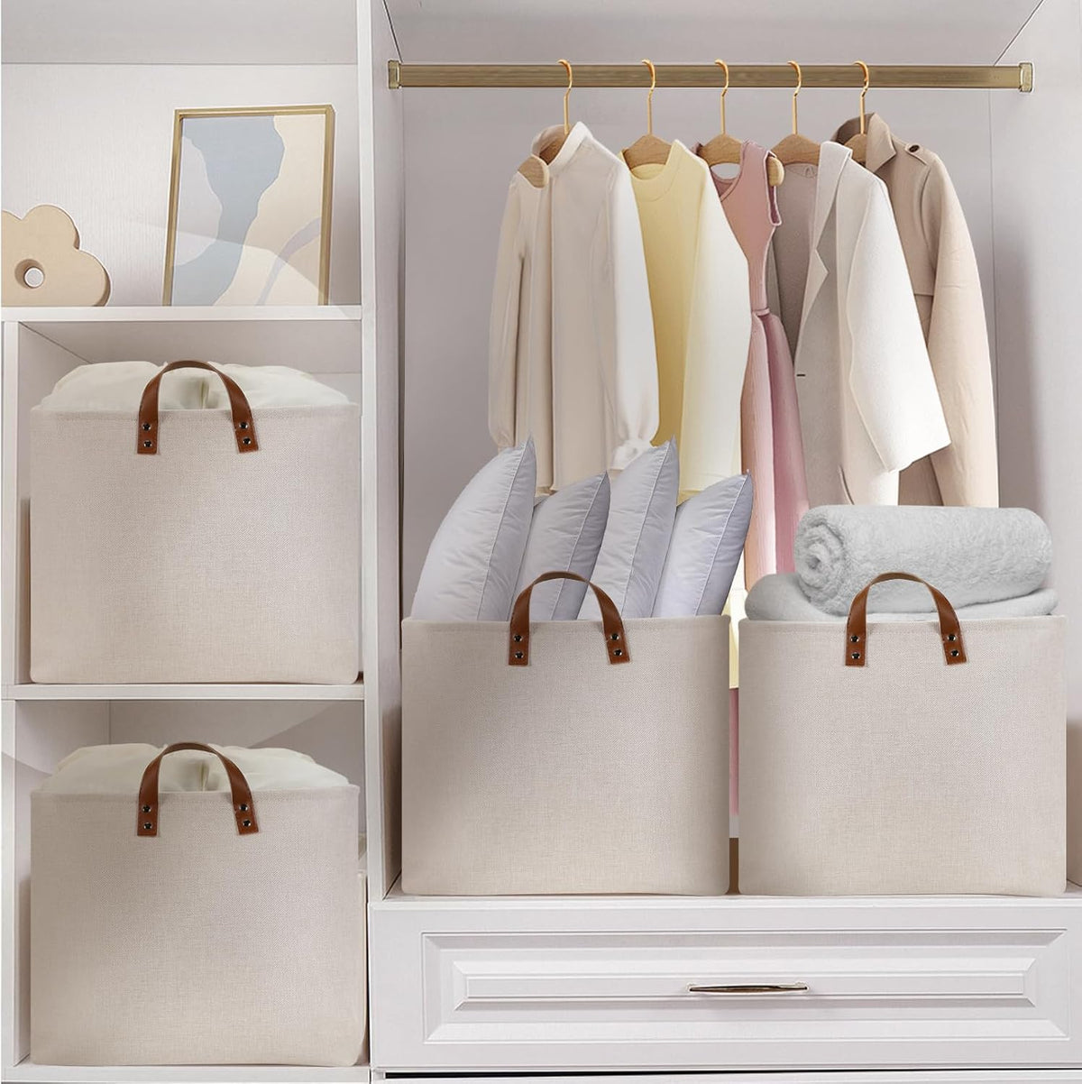 DULLEMELO Beige Storage Baskets for Organizing, Set of 2 Extra Large Canvas Fabric Storage Baskets with Handles, Foldable Storage Bins Baskets for Blankets Living Room