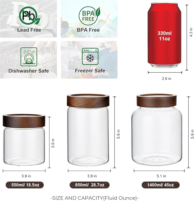 1PC Glass Storage Jars with Airtight Lids, 28 fl oz (850ml) coffee container with Wooden Lid, Glass Pantry Canister for Beans, Rice, Sugar and etc