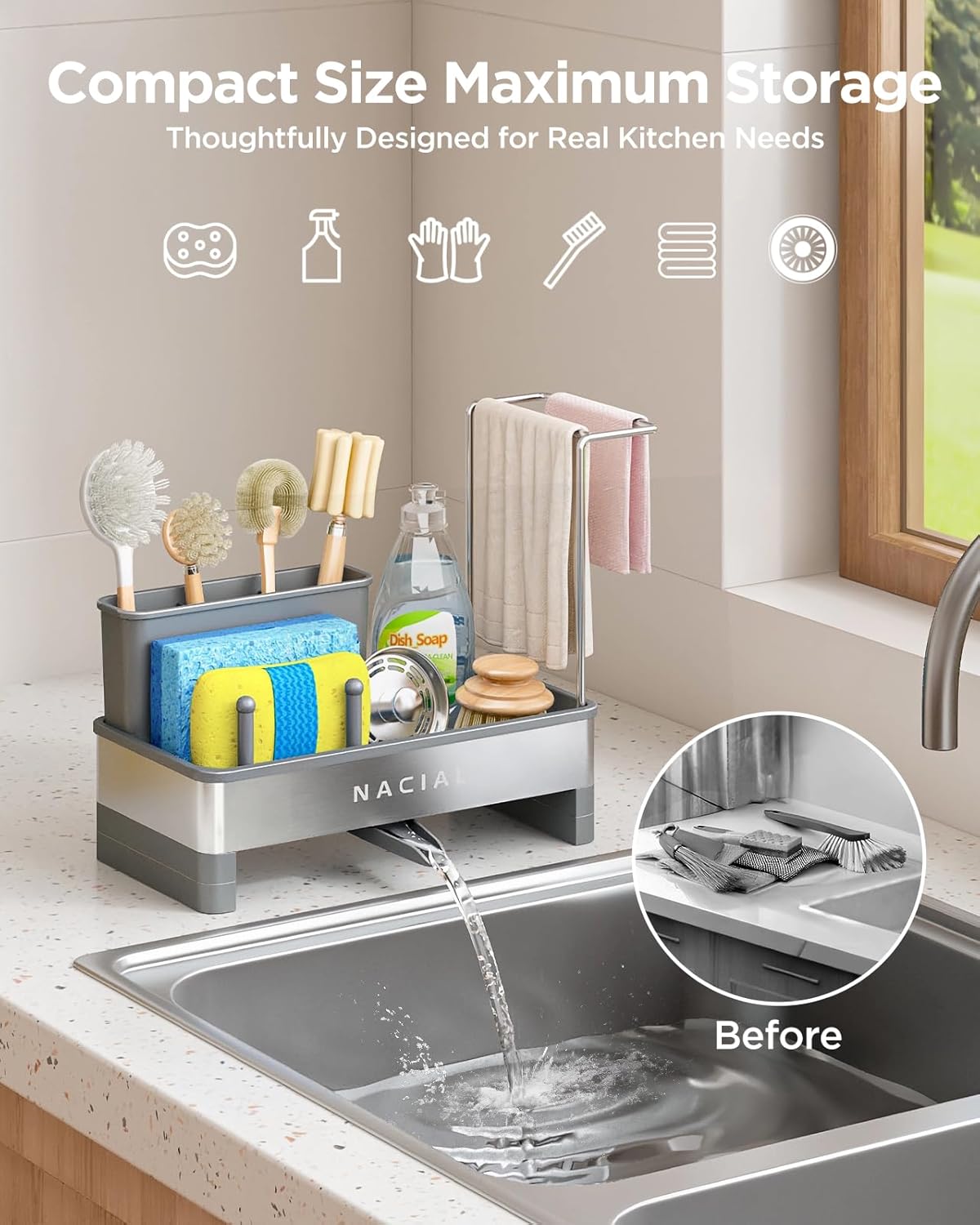 Nacial Sponge Holder for Kitchen Sink, Sink Caddy Organizer with High Brush Holder, Two Towel Racks & Soap Dispenser- Rustproof 304 Stainless Steel Kitchen Countertop Storage Essentials - Gris