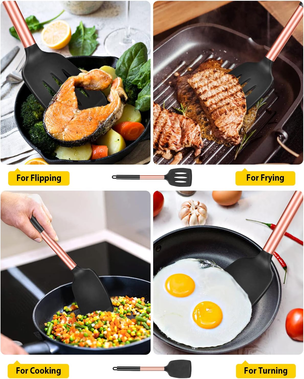 Pack of 2 Silicone Solid Turner, Non Stick Slotted Kitchen Spatulas, High Heat Resistant BPA Free Cooking Utensils, Ideal Cookware for Fish, Eggs, Pancakes(Rose Gold Black)