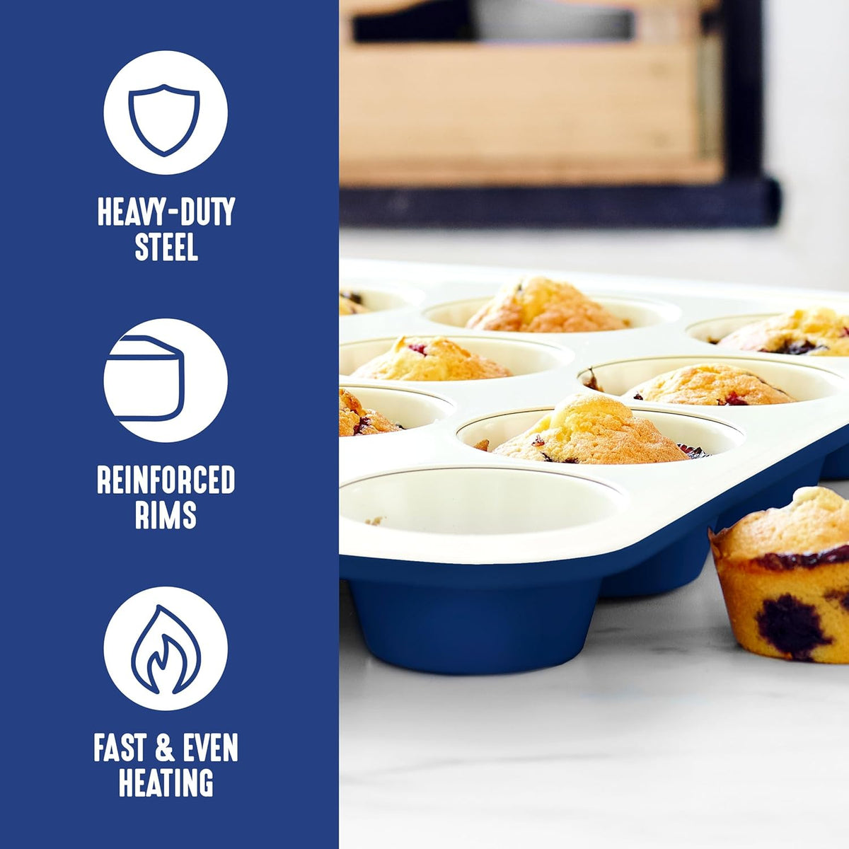 GreenLife 12-Cup Muffin Pan, Healthy Ceramic Nonstick Bakeware, PFOA & PFAS-Free Cupcake Sheet, Durable Baking Tray, Versatile Kitchen Essentials, Easy Clean Muffin Mold, Nonstick Baking Pan, Blue
