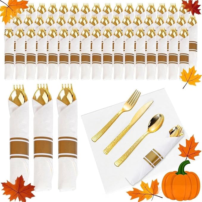 WELLIFE 400PCS Gold Plastic Silverware, Pre Rolled Silverware Set Disposable,Plastic Cutlery Includes: 100 Forks, 100 Knives, 100 Spoons, 100 Napkins, Cutlery Set Disposable for Thanksgiving