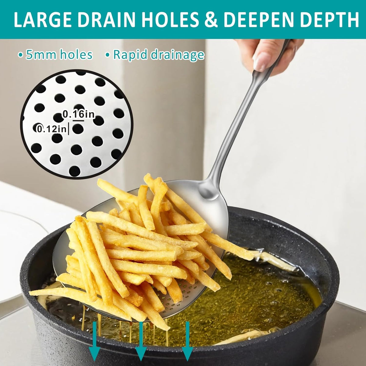 Large Deep Skimmer Slotted Spoon, Real SUS304 Stainless Steel Pasta Strainer, Colander Spoon with Big Draining Holes, Deep Fryer Scoop for Frying, Cooking, Draining, Ideal for Gift, 15''