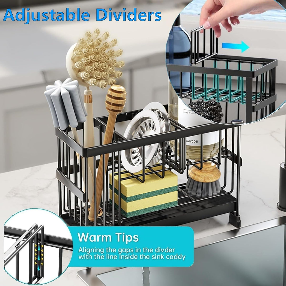 Sponge Holder for Kitchen Sink, 2 Tier Sink Caddy Organizer with Brush Holder, Non-Slip Stainless Steel Kitchen Countertop Organizers and Storage, Soap Dispenser Organize with 360°Drain Tray