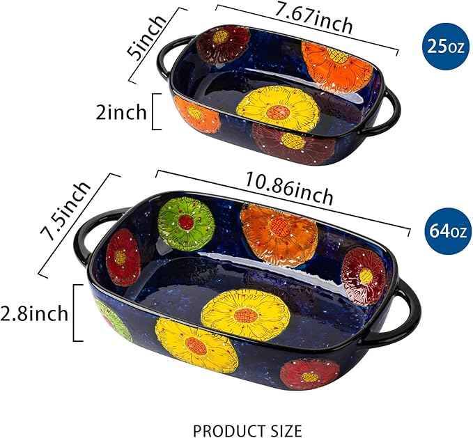 Retro pastoral style Ceramic Baking Dish Rectangular Bakeware Set Baking Pan, 2-piece Hand-painted Porcelain Baking pan with handle, Casserole Dish for Oven/Cooking/Kitchen (Van Impression)