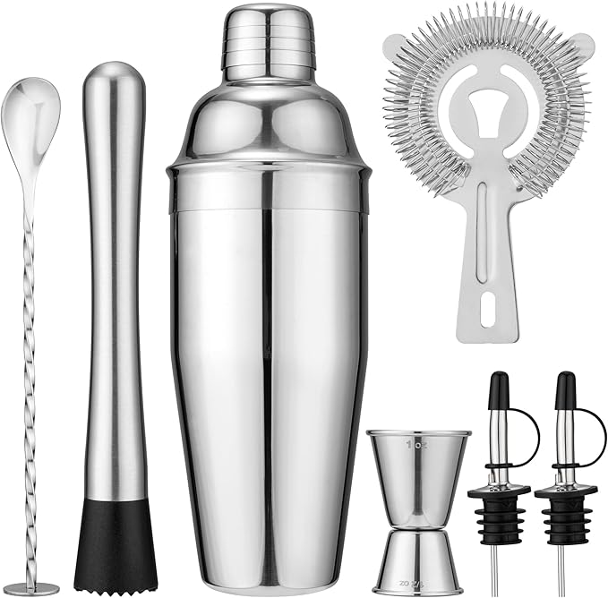 7-Piece Cocktail Shaker Set, 24oz Shaker Strainer Muddler Jigger Mixing Spoon Pourers, Bartender Kit, Bar Accessories, Stainless Steel Bar Set