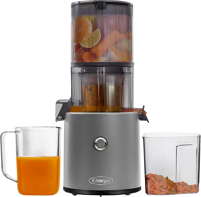 Omega Cold Press Juicer - Hands Free Vegetable and Fruit Masticating Juicer Machine with 68-oz. capacity, Extra Large Hopper for No-Prep and Whole Recipe Batch Juicing, Easy Clean, 150-Watts, Gray