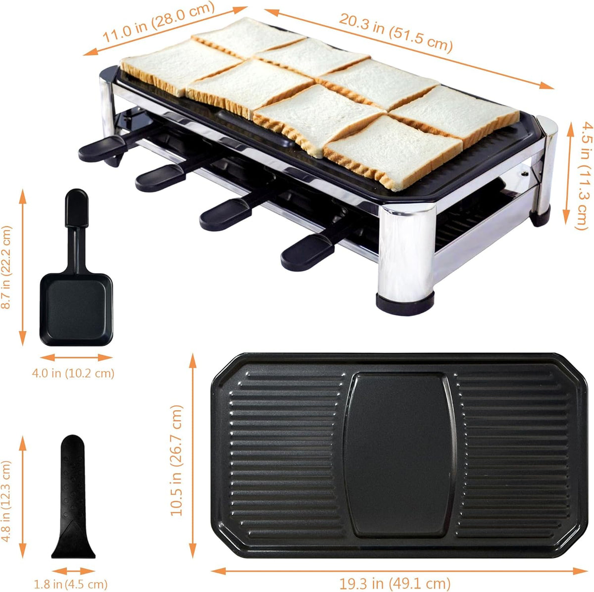 TAMARIT 8-Person Raclette Grill, Electric Party Grill with Nonstick Plate, 8 Pans & Spatulas, 1500 W (Indoor), Stainless Steel