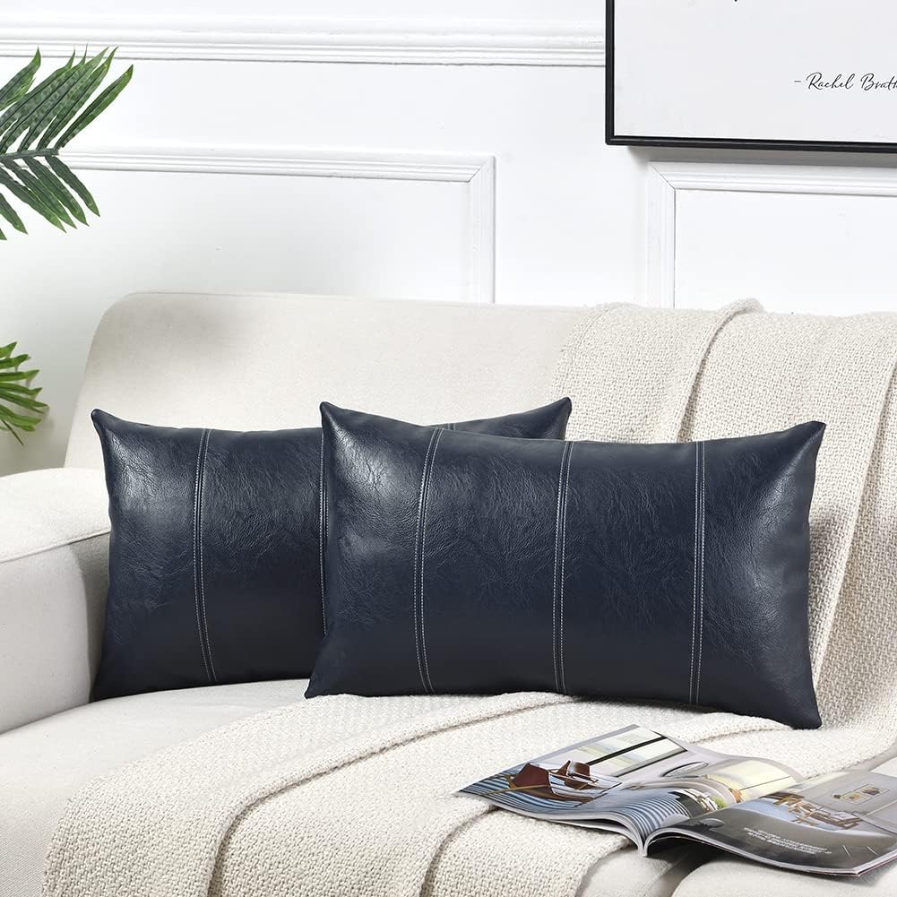 Fancy Homi Navy Blue Long Lumbar Faux Leather Decorative Throw Pillow Covers 12x24 Inch for Outdoor Couch Bed, Modern Farmhouse Boho Home Decor, Blue Hand Stitched Cushion Case 30x60 cm
