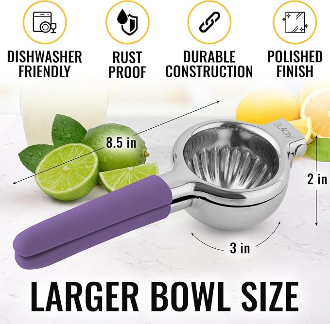 Zulay Kitchen Lemon Squeezer Stainless Steel with Premium Heavy Duty Solid Metal Squeezer Bowl and Food Grade Silicone Handles - Large Manual Citrus Press Juicer and SS Lime Squeezer (Purple)
