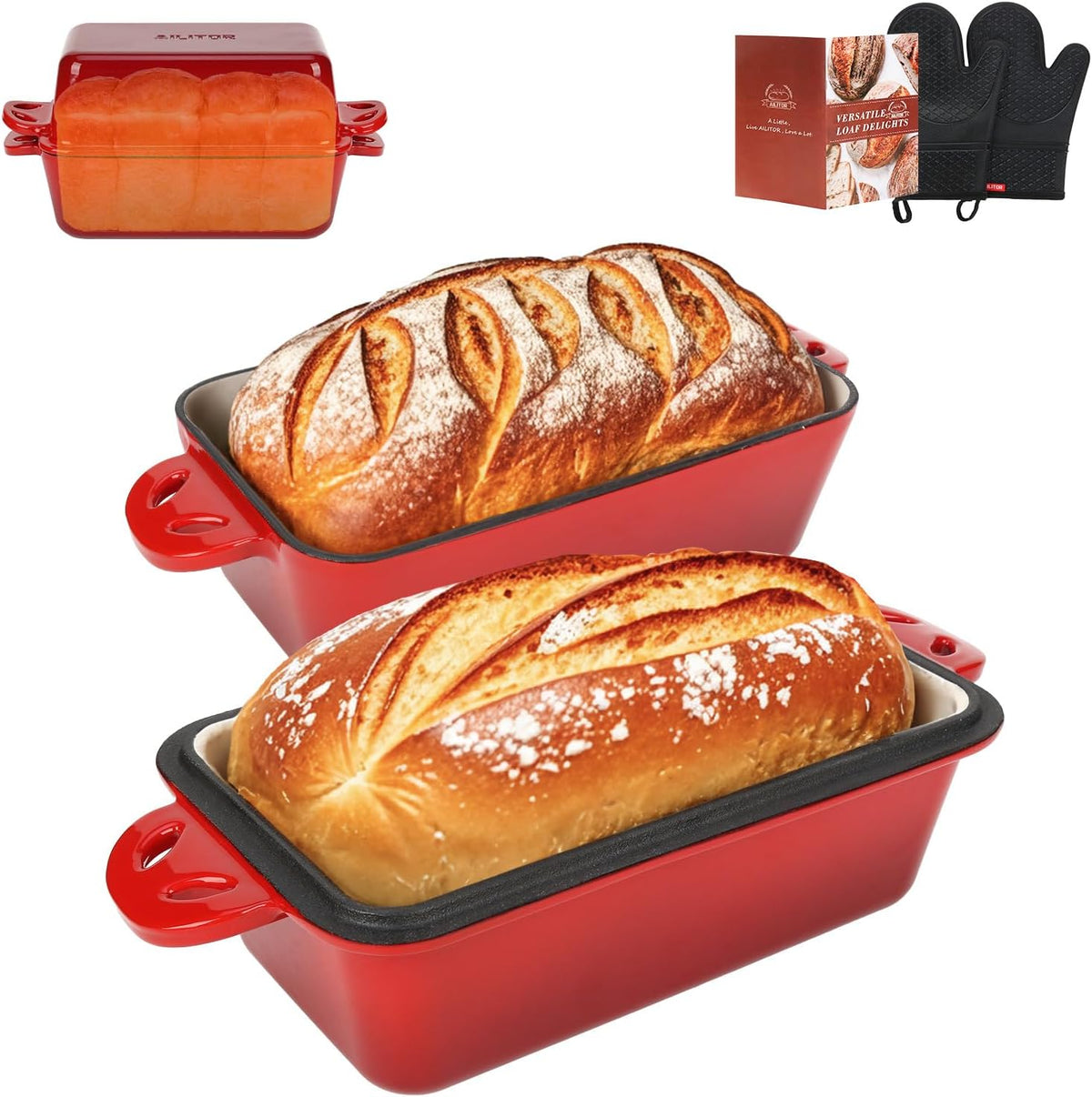 9x5 Enameled Cast Iron Loaf Pan with Lid - 2 in 1 Homemade Sourdough Bread Baking Pan