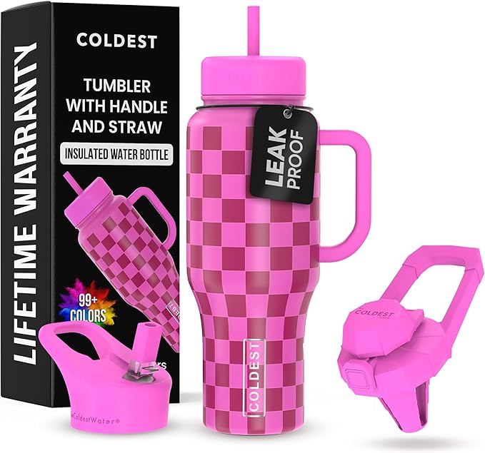 Coldest Tumbler with Handle and Straw, 100% Leak Proof Insulated Tumbler with Lid and Straw (3 Lids), Stainless Steel Tumblers for Women & Men, Cup Holder Friendly, 36 oz (Purple Checkers)