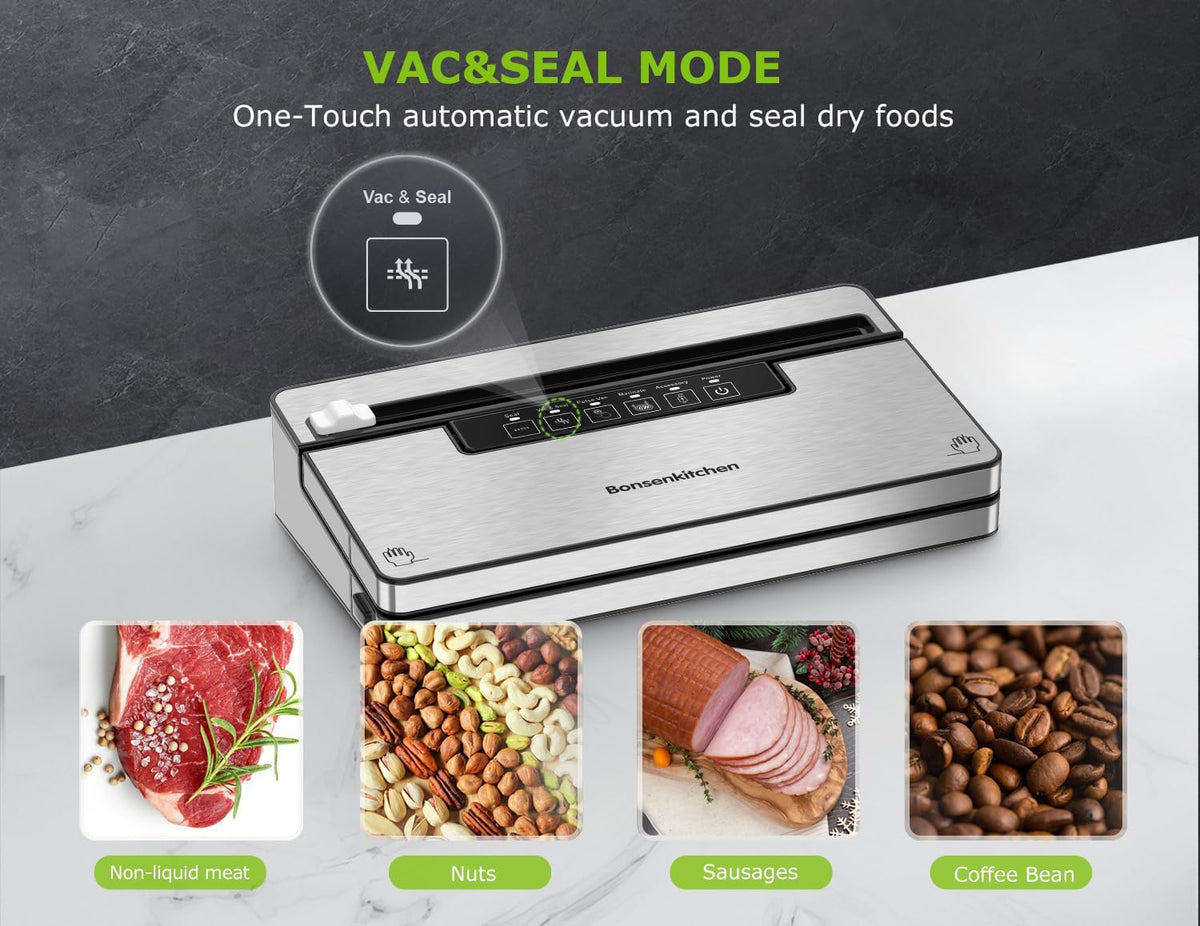 Bonsenkitchen Vacuum Sealer Machine, Stainless Steel Food Sealer Vacuum Sealers with 30 Bags & 1 Roll, 5 Food Vacuum Modes, Built-in Cutter & Bag Storage (Silver Black)