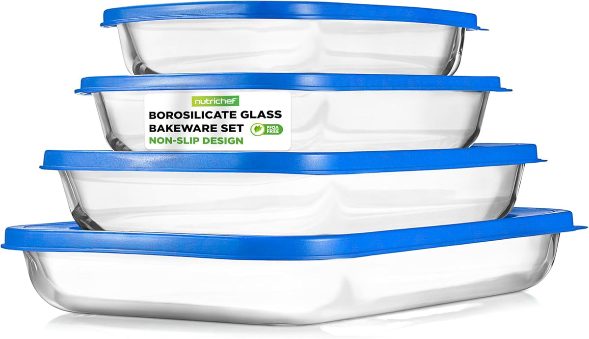 NutriChef 8-Piece Glass Baking Dish Set with Lids – Stackable Rectangular Bakeware for Lasagna, Casserole, Meatloaf, Leftovers & Storages– Oven, Freezer & Dishwasher Safe, BPA Free lid (Blue)