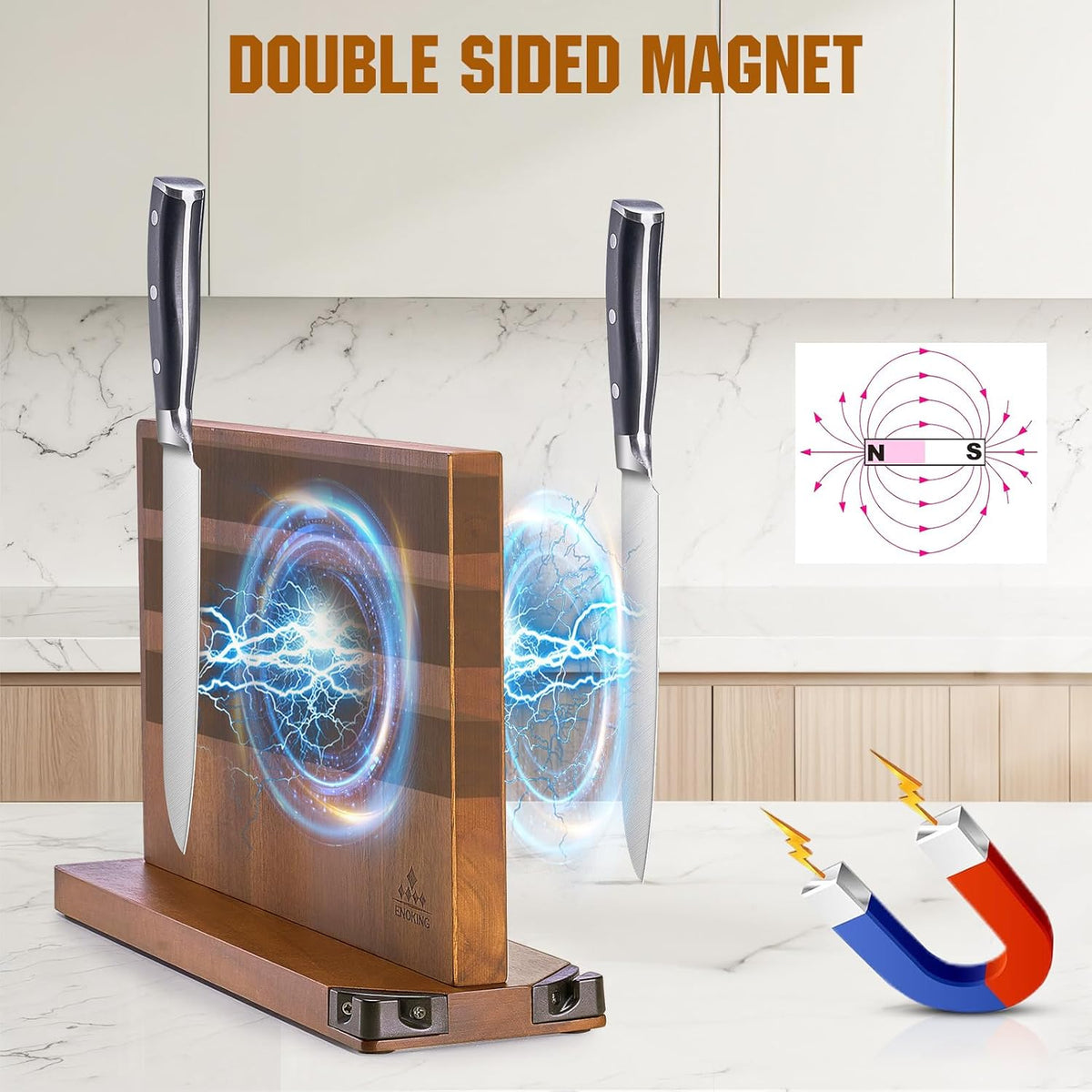 ENOKING 15.2" Extra Large Magnetic Knife Block with Dual Sharpeners, Acacia Wood Knife Holder & Display Stand with Strong Magnets