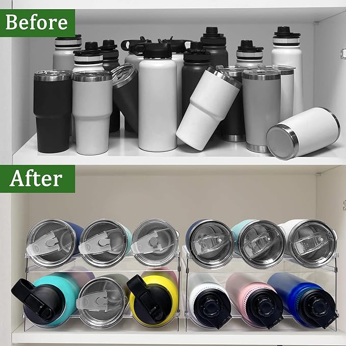 2 Pack Water Bottle Organizer, Stackable Kitchen Pantry Storage Shelf, Plastic Water Bottle Holder for Cabinet and Fridge Organization