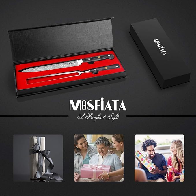 MOSFiATA 8" Carving Knife & 7" Fork Set - Premium Meat Cutting Knife, German High Carbon Stainless Steel EN.4116 BBQ Knives for Slicing Meats, Fruits & Vegetables