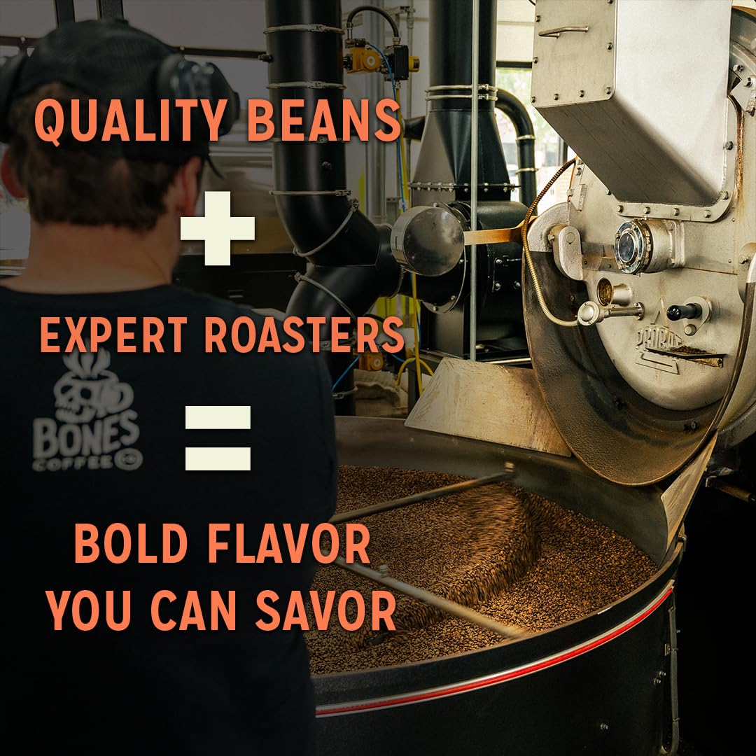 Bones Coffee Company Bananas Foster, Banana, Rum and Vanilla Flavored Coffee, Medium Roast Low Acid Arabica Beans Compatible with Auto drip and French Press Coffee Maker, 12 Oz Whole Bean
