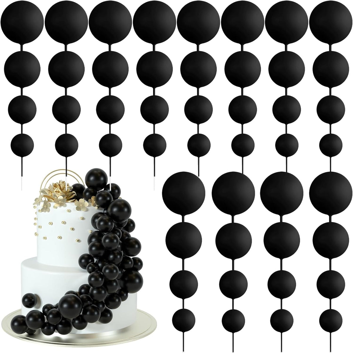 48 Pcs Balls Cake Topper Decorations Balloon Cupcake Toppers Foam Cake Topper Balls Cake Balls Decorations for Birthday Party Wedding Anniversary Cake Decorating (Black)