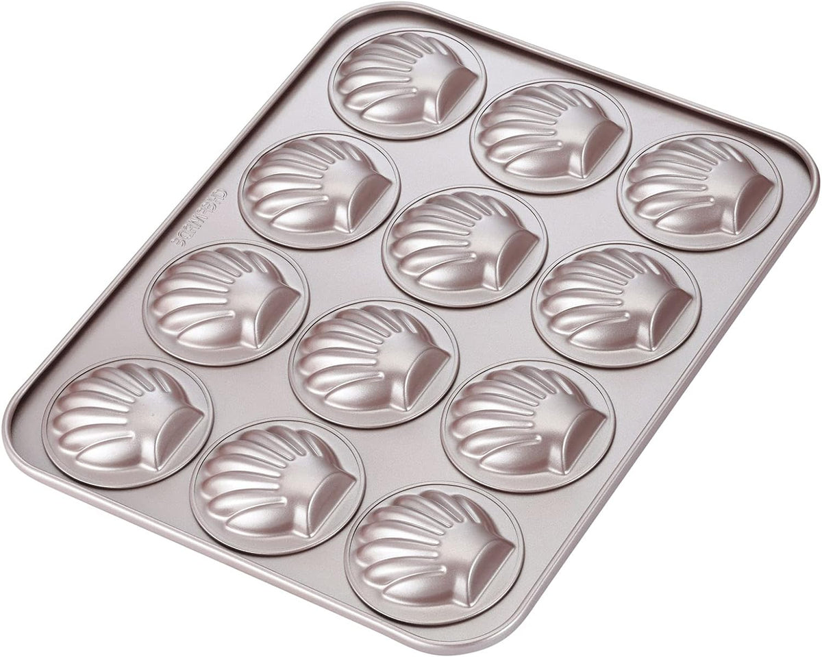 CHEFMADE Madeleine Mold Cake Pan, 12-Cavity Non-Stick Scallop Madeline Bakeware for Oven Baking (Champagne Gold)