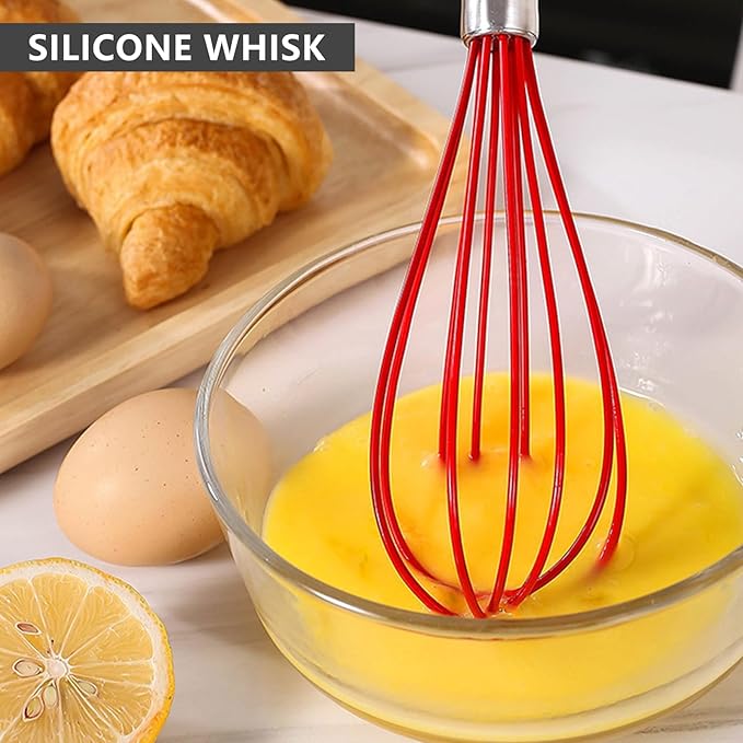 NileHome 4 Pack Silicone Spatula and Whisk Kitchen Utensils with Silicone Brush Heat Resistant BPA-free Rubber Spatula for Scraping, Baking, Cooking, Mixing- Red