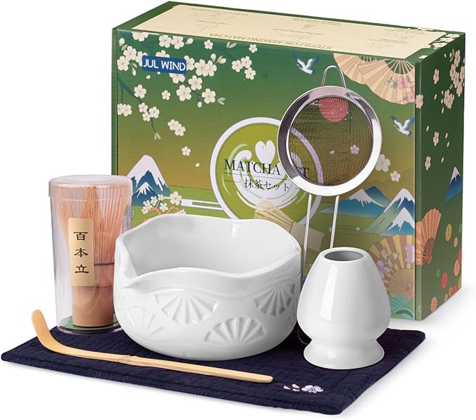 Matcha Whisk Set, Ceramic Matcha Set Includes Matcha Bowl with Spout, Matcha Whisk and Holder, Bamboo Scoop, Sifter and Tea Towel - 6 Pcs Matcha Kit Gift for Matcha Lovers (White)