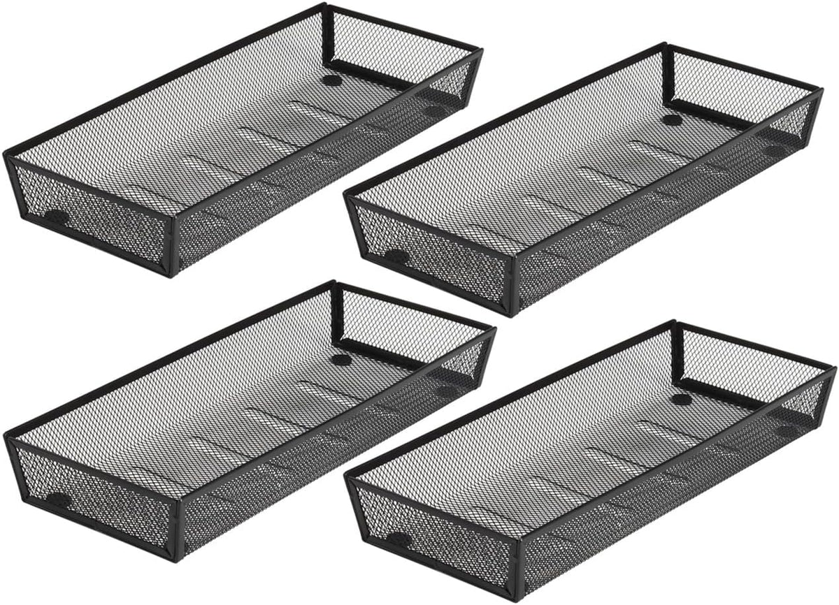 BYCY Silverware Drawer Organizer, Mesh Utensil Organizer for Kitchen Storage, Black Steel Metal Mesh Tray for Flatware Fork Spoon Knife… (15 * 6-4P-Black)