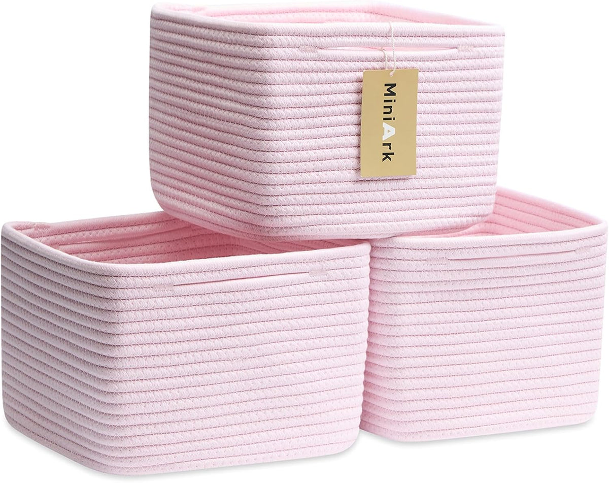 Small Organizing Baskets for Cubes Shelf, 9.7x9.7x7.1 Inch Rope Woven Storage Bins for Nursery Shelves Storage, Cute Toy Basket, Square 3 Packs Light Pink