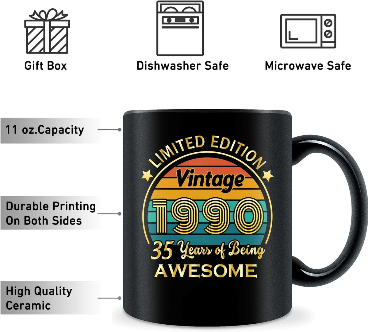 QUPT 35th Birthday Gifts for Women Men, 35th Birthday Gifts for Him, 1990 Birthday Gifts for Women Men, 35 Years Old Gifts, 1990 Birthday Gifts for Her Him, 35th Birthday Presents Coffee Mug