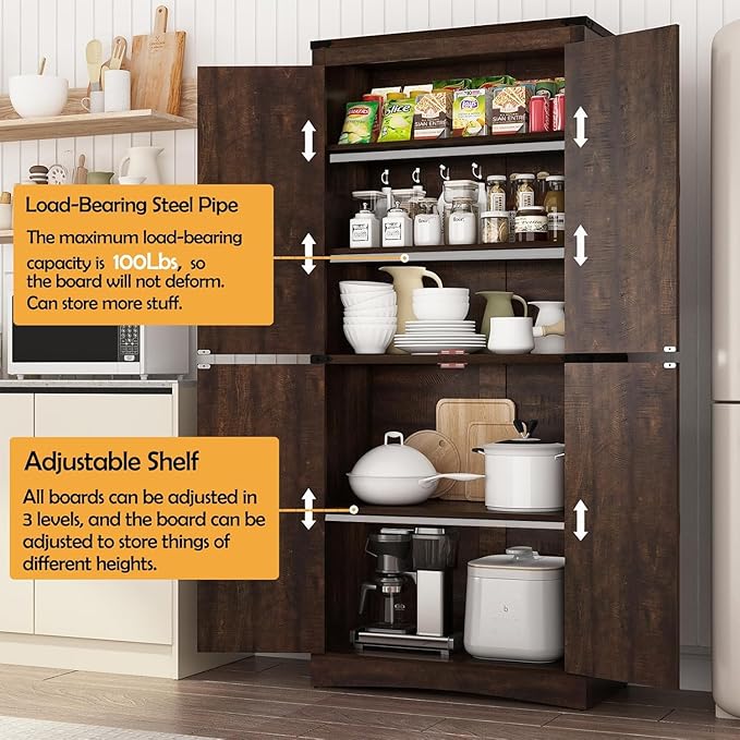 71in Farmhouse Kitchen Pantry Cabinet,Tall Storage Cabinet with 4 Doors and Adjustable shelves,with Load-Bearing Steel Pipe,Wood Storage Cabinets for Kitchen,Dining Room,Bathroom(Brown)